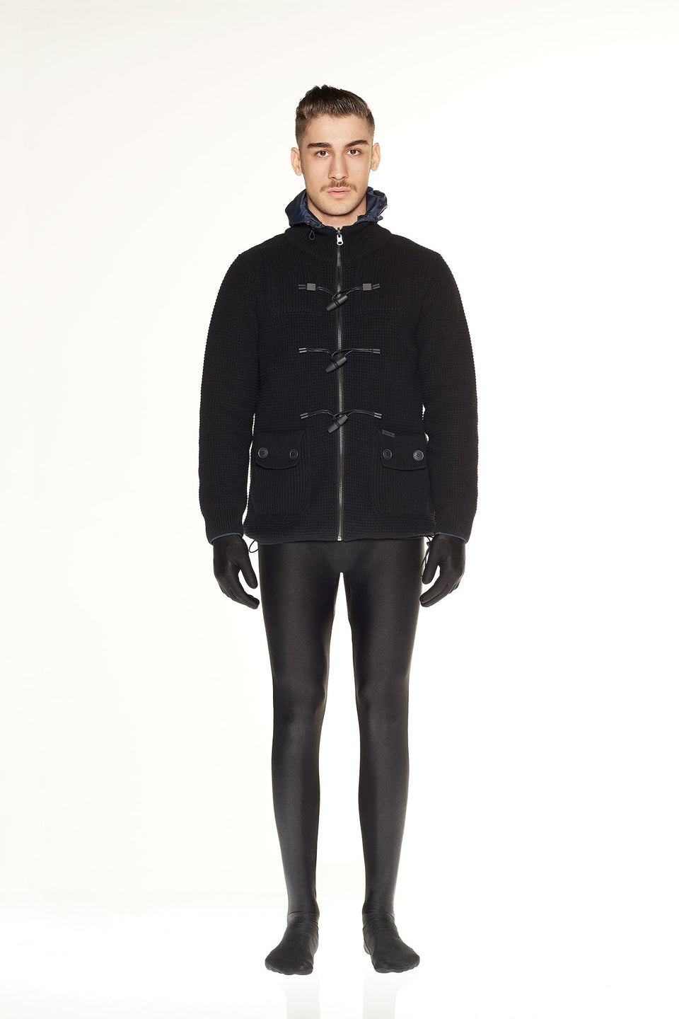 Short Duffle Coat with Nylon Black
